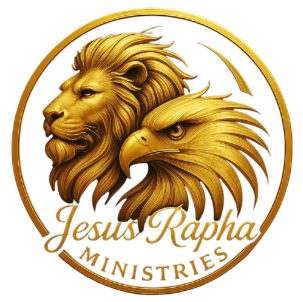 Jesus Rapha Ministry logo with golden lion and eagle symbol